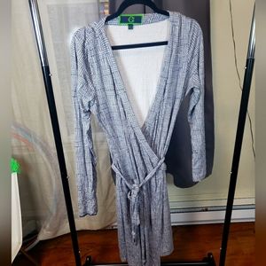 C Wonder Blue White Sketch Printed True Wrap Dress XL Stretch